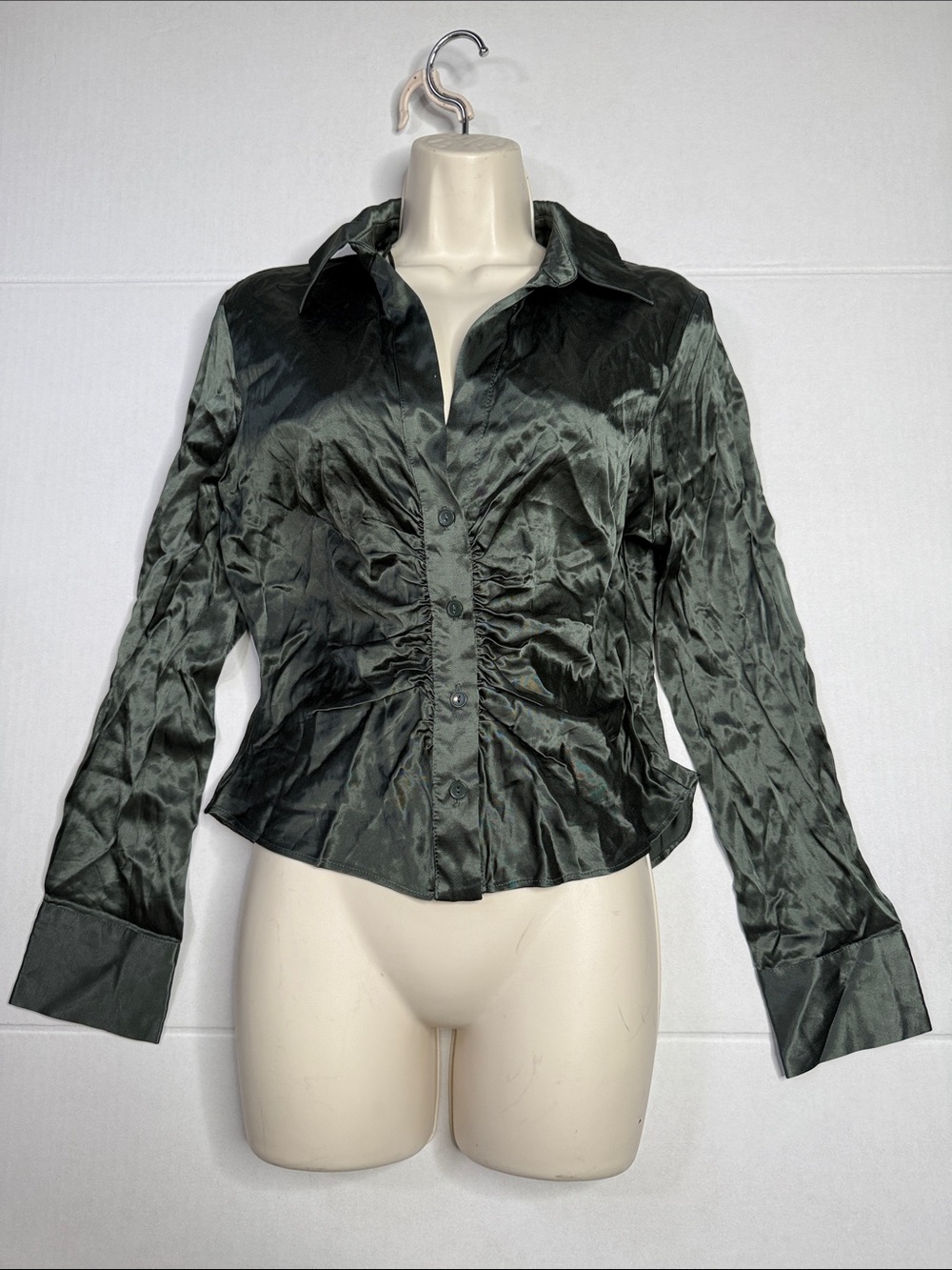 Zara Dark Olive Satin Blouse with Ruched Front